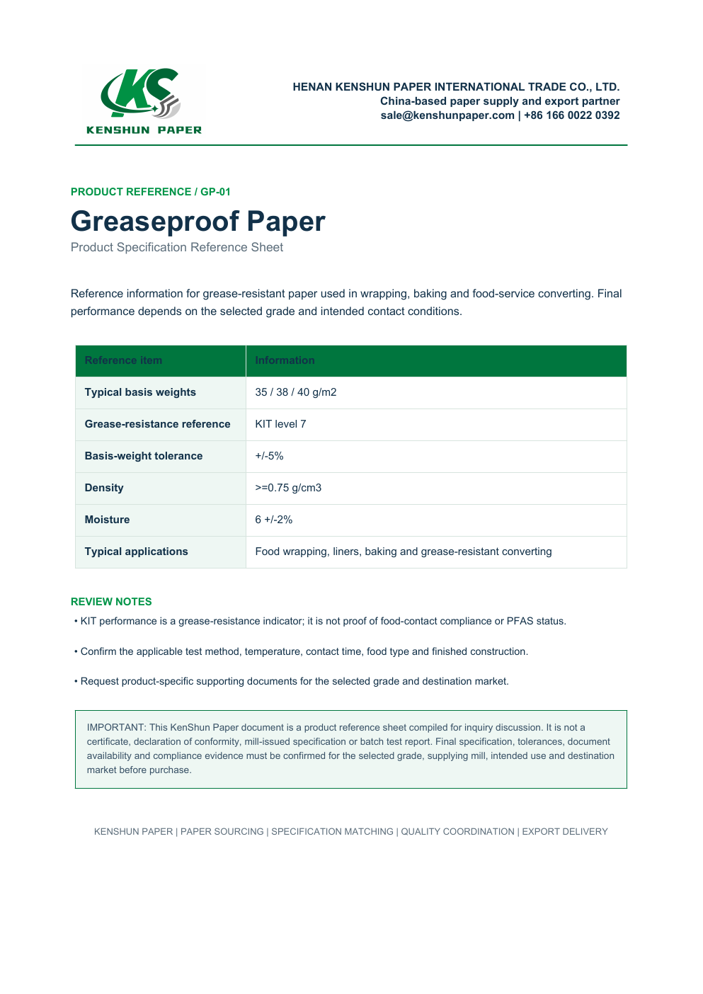 KenShun Paper greaseproof paper product reference preview