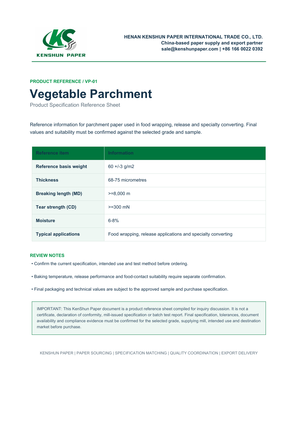 KenShun Paper vegetable parchment product reference preview